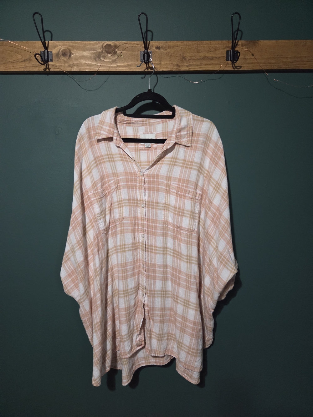 American Eagle Oversized Linen Blend Plaid Button Down Shirt Peach XXL Roll Tab
